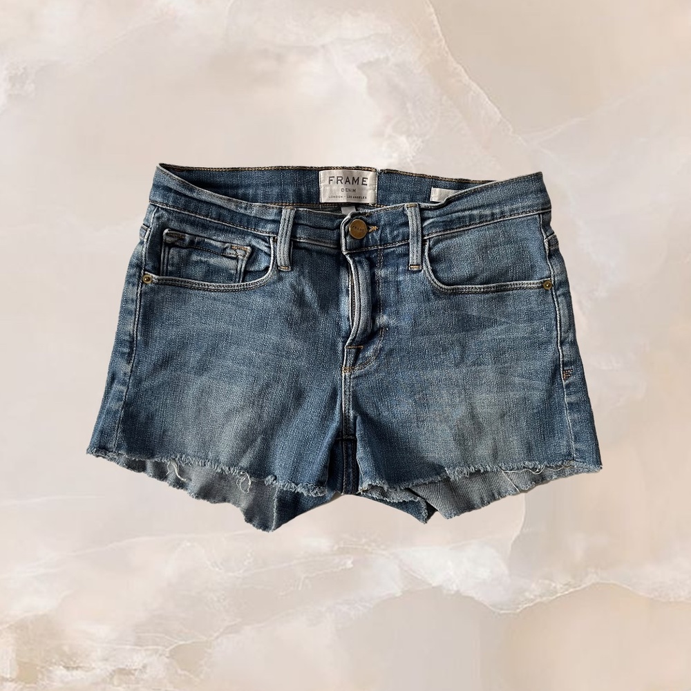 FRAME Le Cutoff Shorts Denim Cut Off Shorts Low Rise Light Mid-Wash Blue Size 24